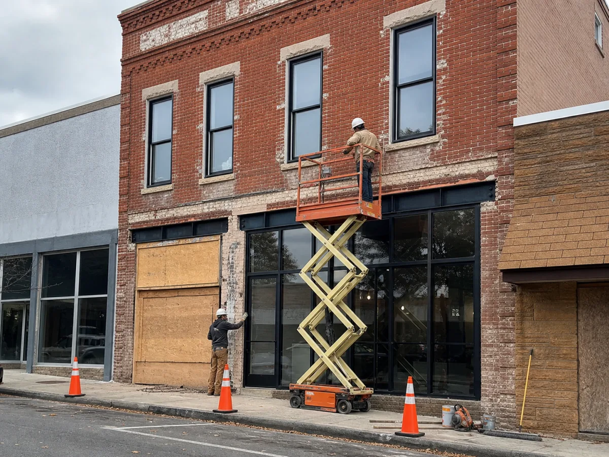 Brick storefront renovation in progress